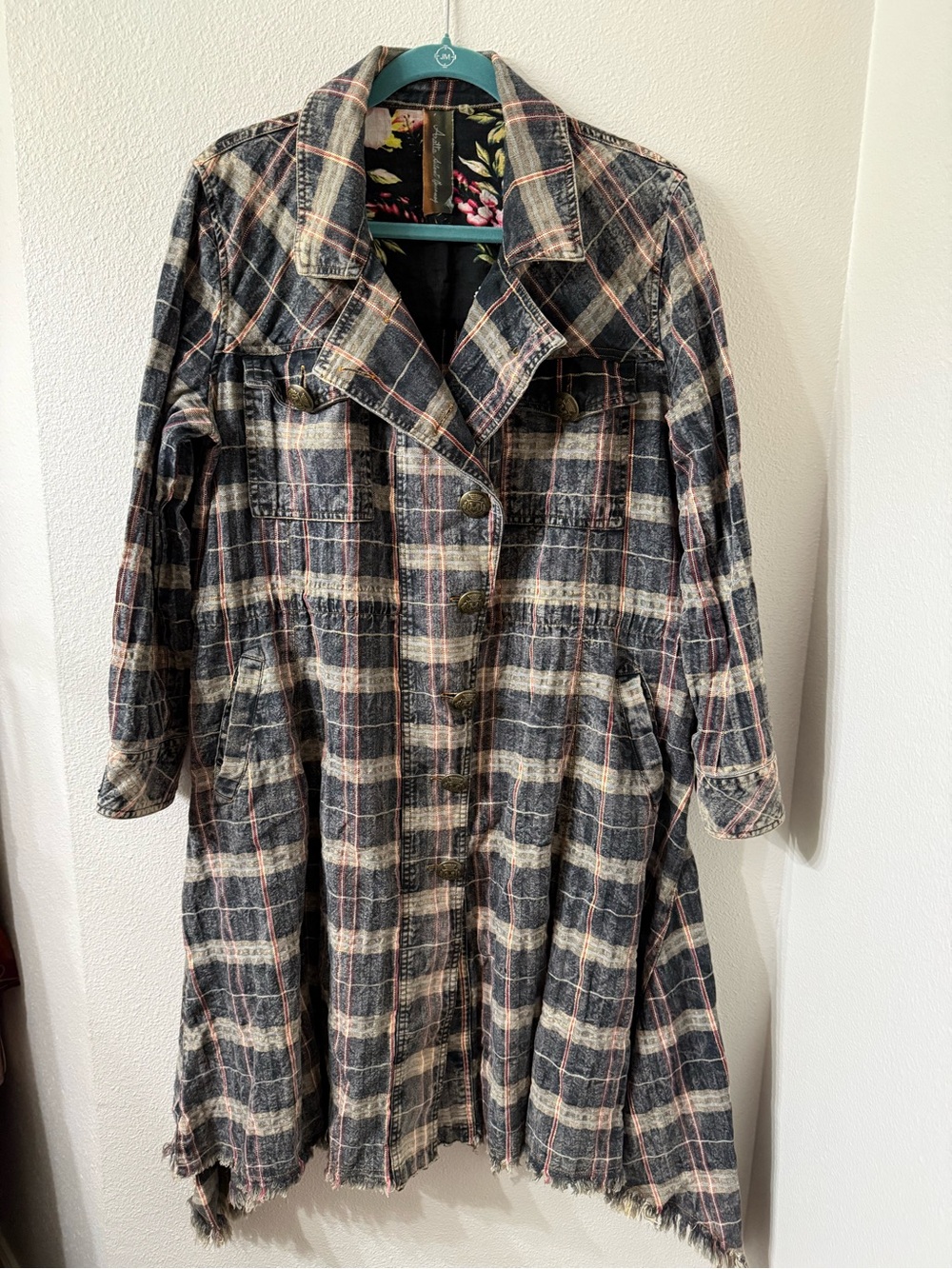Aratta Plaid Trench Coat - Black & Cream with metallic threads